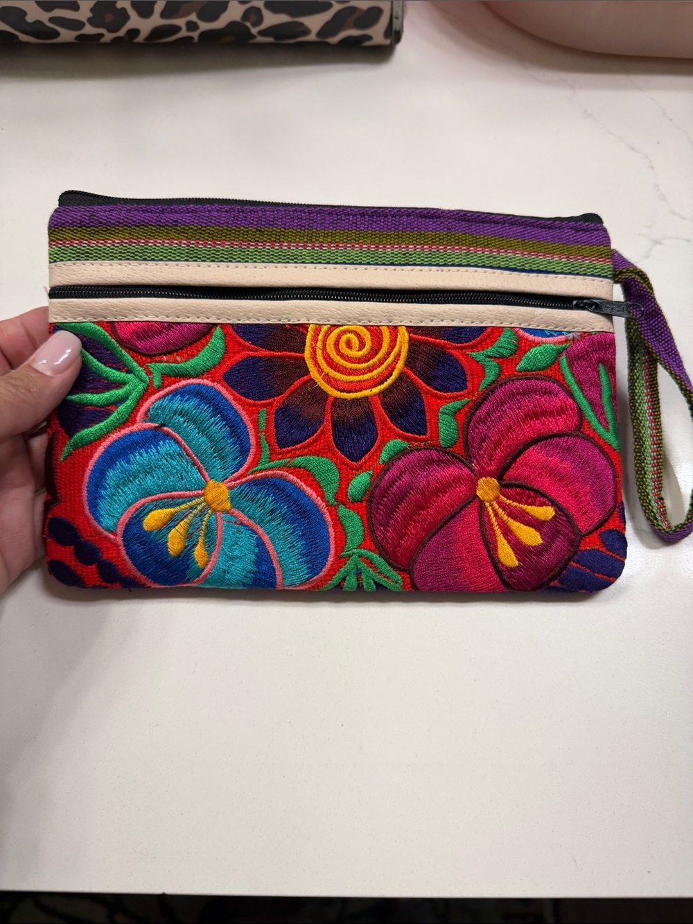Hand-Embroidered Multicolor Floral Wristlet Clutch